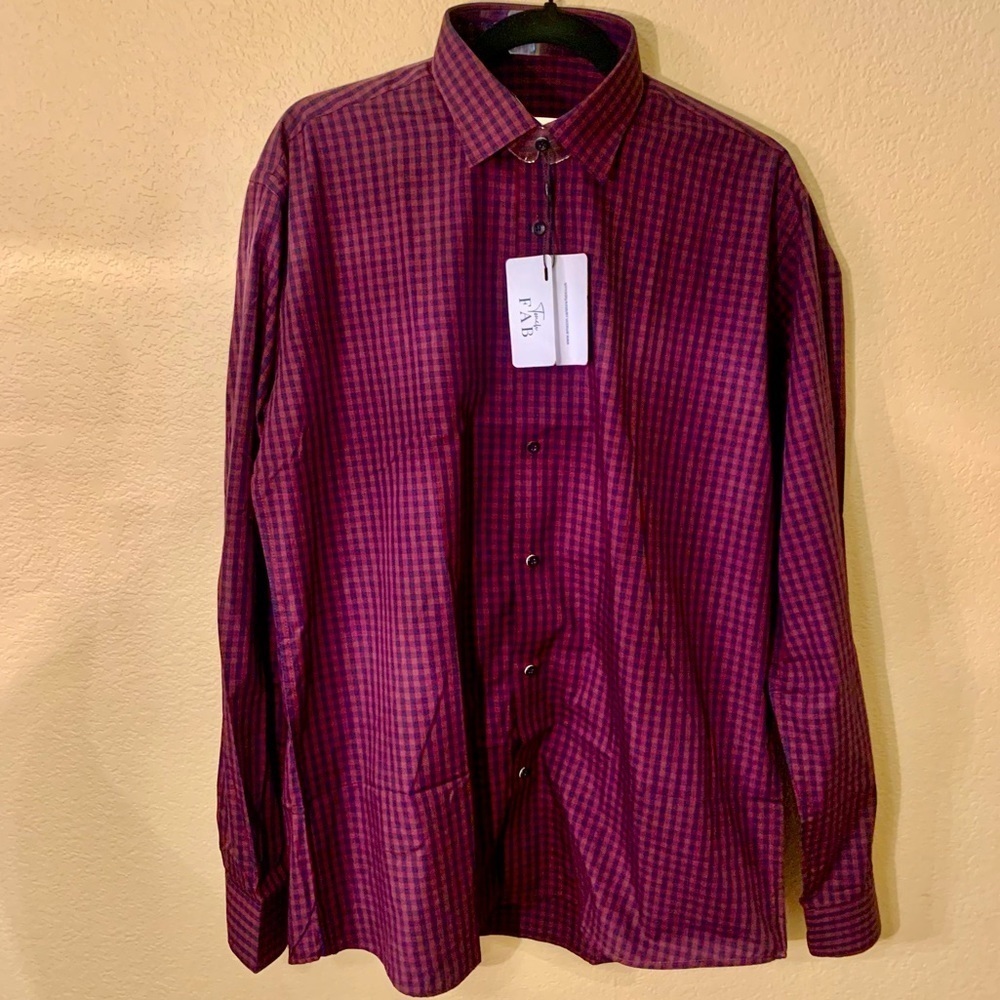 Sale! NWT Dress Shirt XL Fab Touch Burgundy & Navy Checked Stripes Button Collar